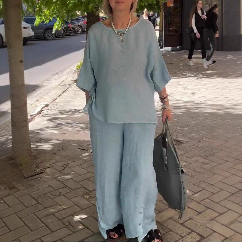 Casual Three-Quarter Sleeve Set Wide-Leg Pants Two-Piece Set