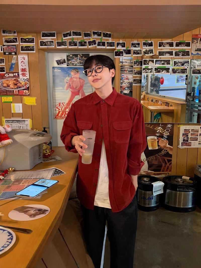 Retro Wine-Red Corduroy Lapel Long-Sleeve Shirt