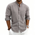Linen Jacquard Striped Loose-fit Casual Stand-collar Long-sleeve Shirt