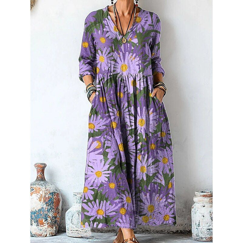 Personalized Retro Chic V-Neck Long-Sleeve Dress