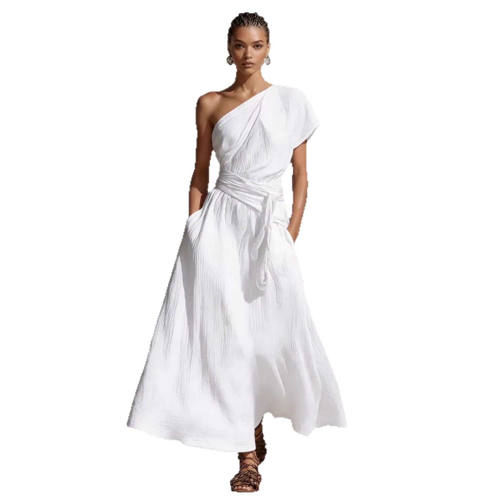 Womens Long One-Shoulder Dress With Neckline And Waist Tie