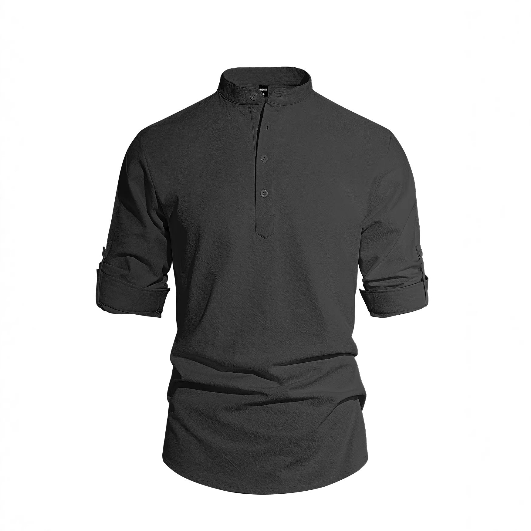 Men's Solid Color Stand Collar Long Sleeve Cotton-Linen Shirt