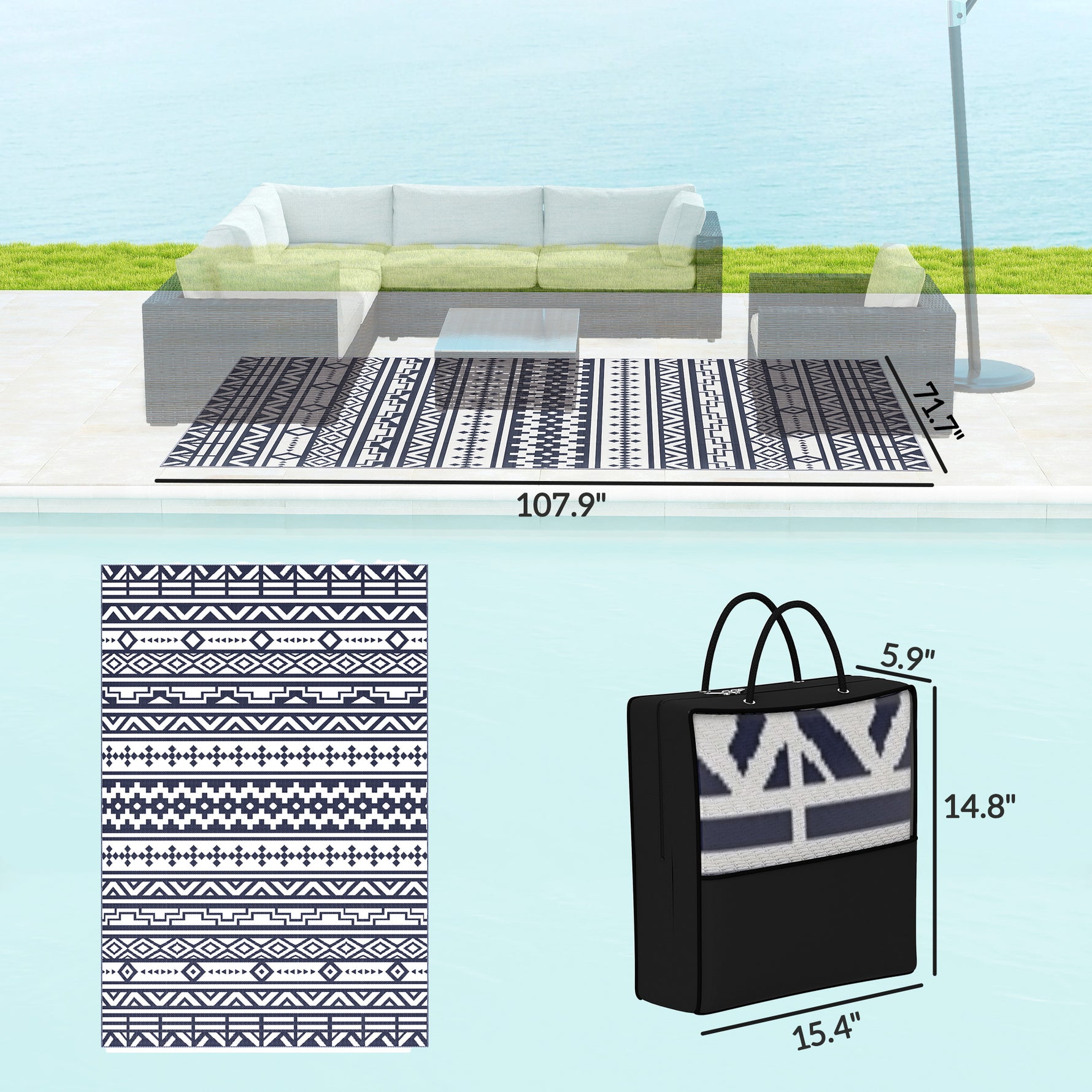 Reversible Outdoor Rug, Waterproof Plastic Straw With Carry Bag, 6 X 9, Blue  White Geometric