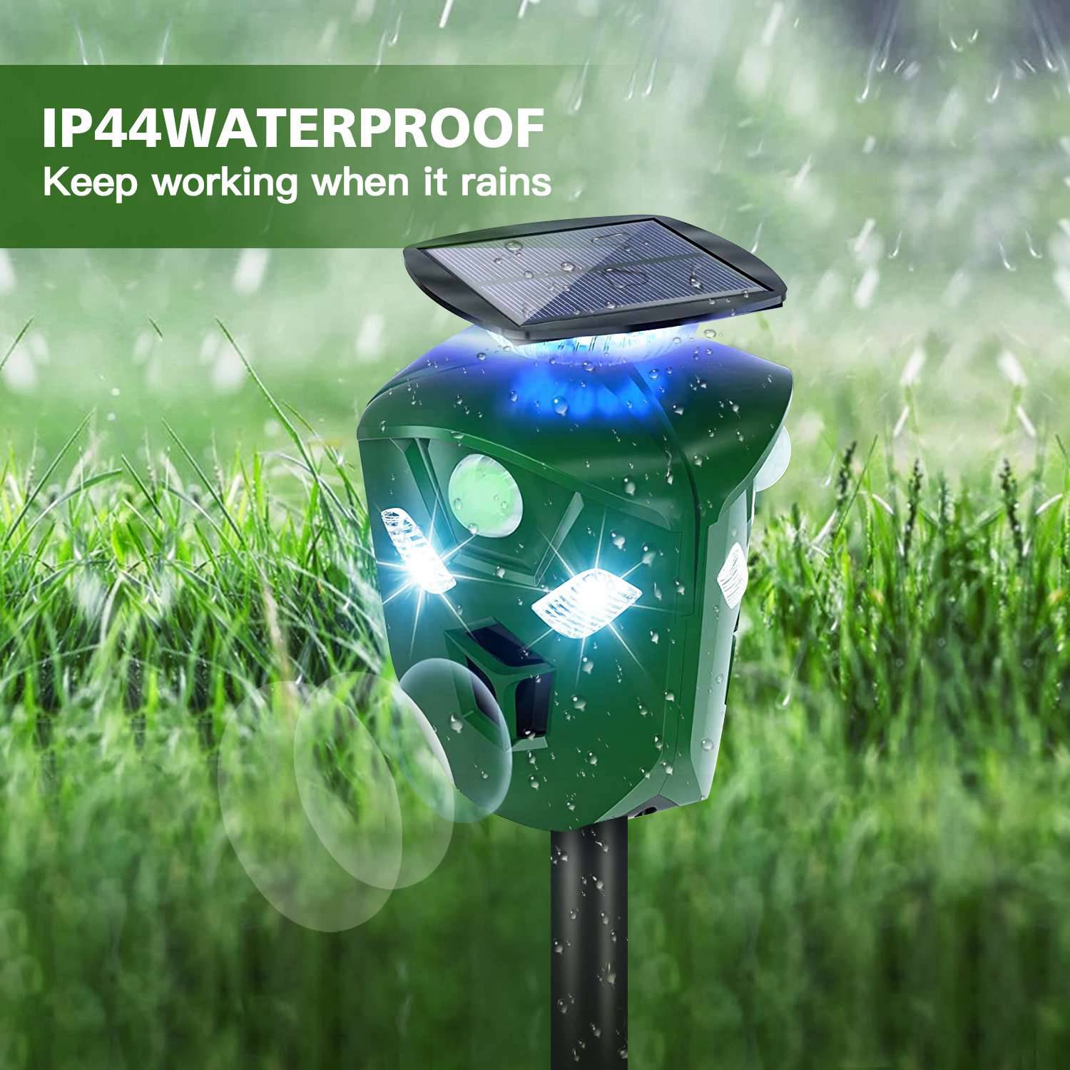 1Pc Electric Solar Powered Ultrasonic Animal Repeller 360 Degree Ultrasonic Animal Driver With Motion Sensor LED Flashing Lights Waterproof Outdoor Animal Repellent For Farm Garden Yard