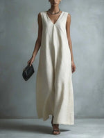 Women's Casual V-Neck Sleeveless Cotton-Linen Dress