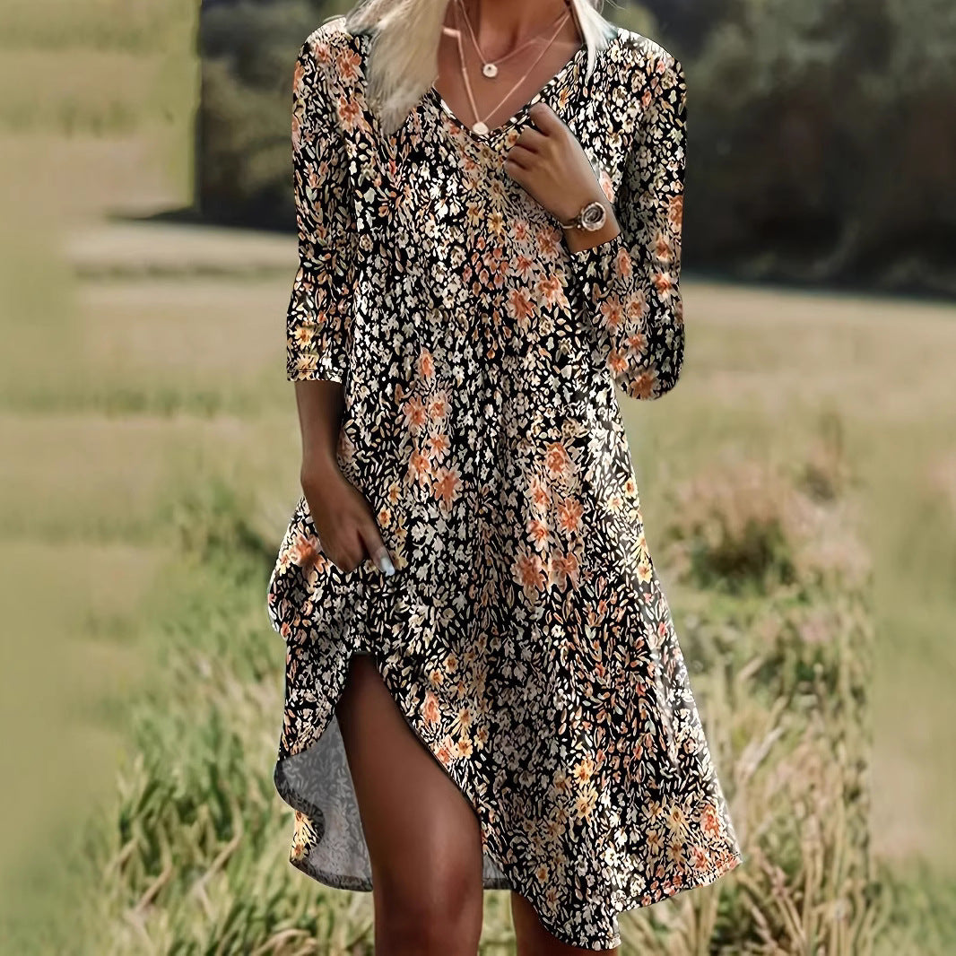 Womens Fashion V-Neck Printed Long-Sleeve Petite Floral Dress