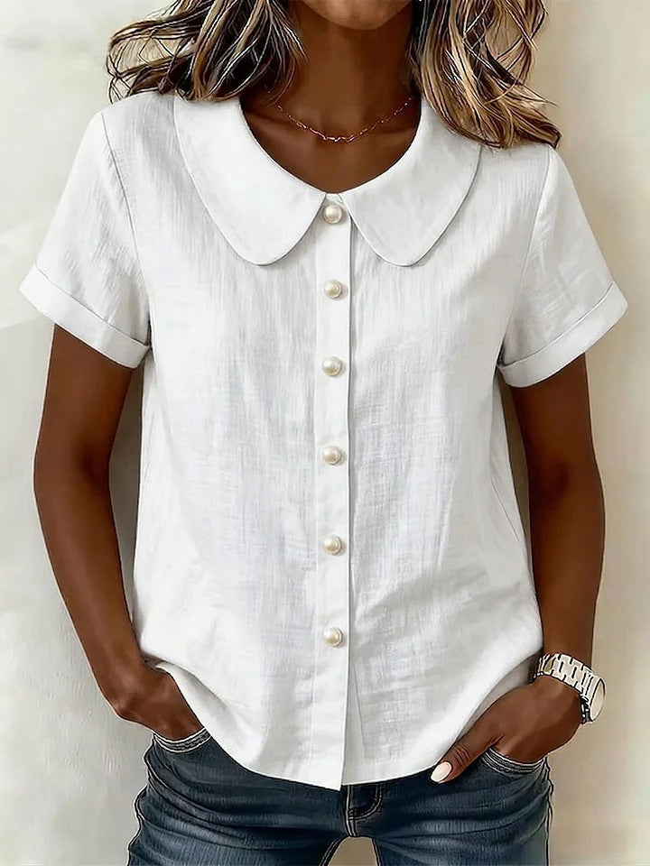 Womens Solid-Colored Short-Sleeve Casual Loose Cotton-Linen Shirt