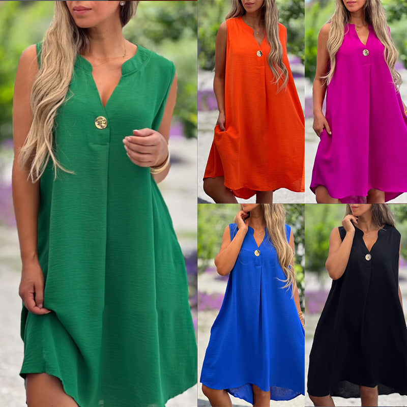 Womens Solid-Colored Sleeveless V-Neck Dress With Button Detailing