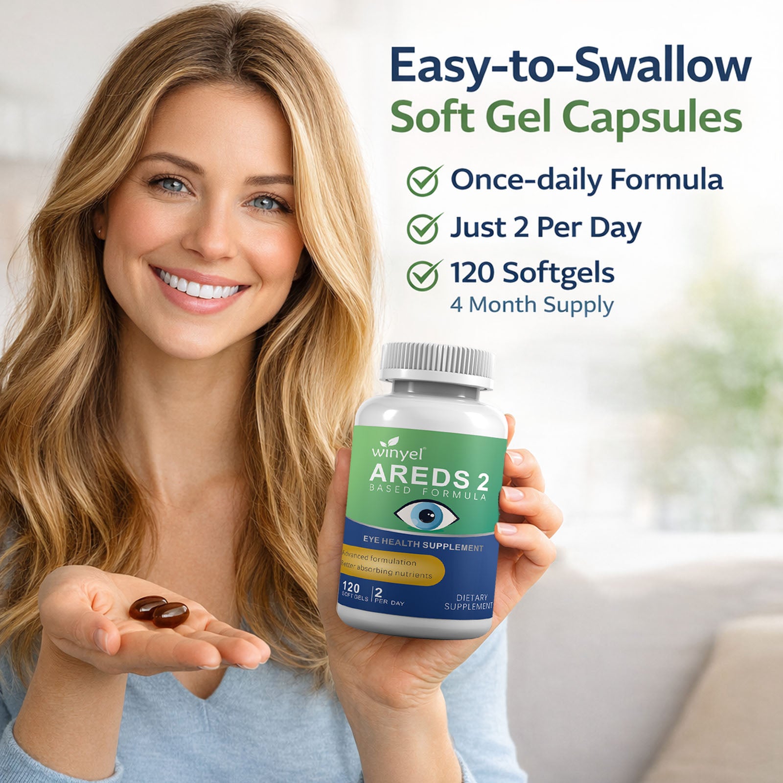 AREDS 2 Eye Vitamin And Mineral Supplement, Containing Lutein, Vitamin C, Zeaxanthin, Zinc, And Vitamin E, 120 Softgels.