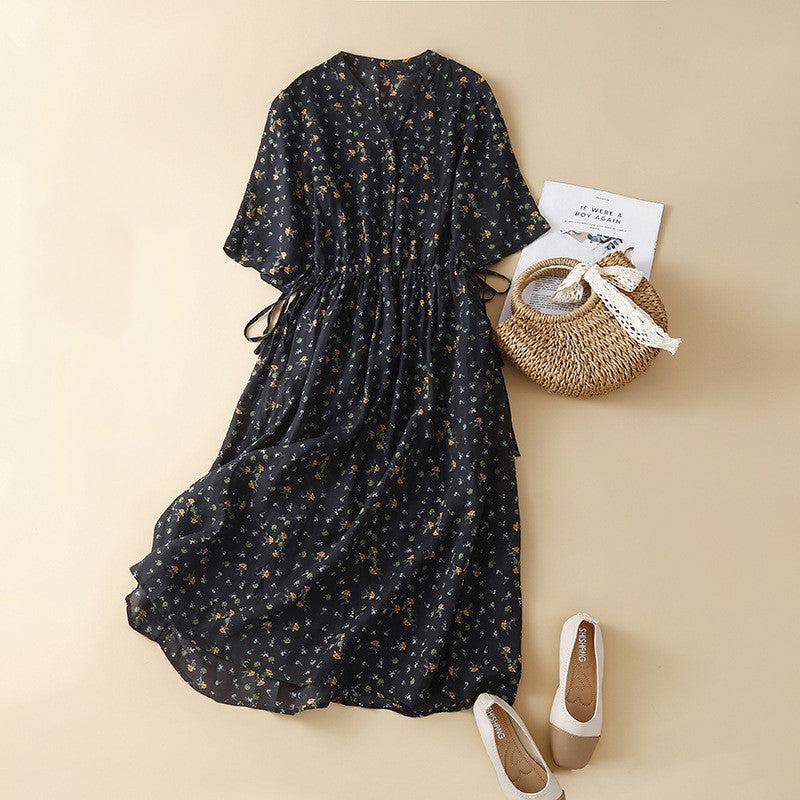 Mid-length Printed Loose-fit Retro Artistic Casual Dress