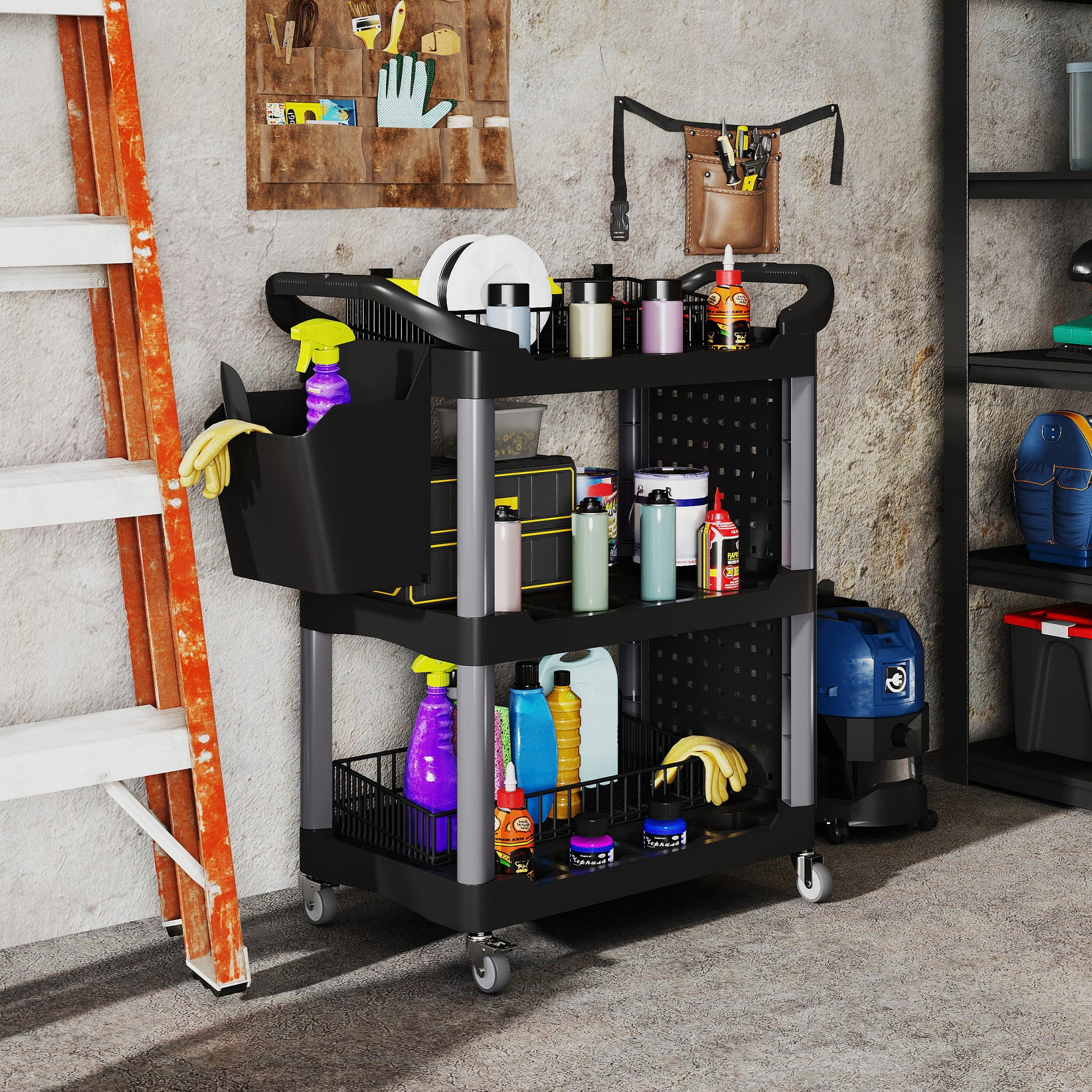 3-Tier Rolling Tool Cart, 200 LBS Capacity Plastic Utility Cart With Side Shelf And Storage Bucket, Black