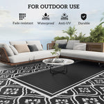 Reversible Outdoor Rug, Waterproof Plastic Straw With Carry Bag, 9 X 18, Black & White Gourd Border