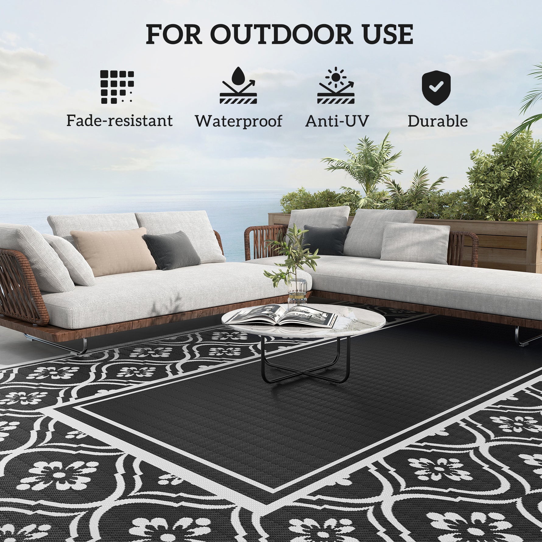 Reversible Outdoor Rug, Waterproof Plastic Straw With Carry Bag, 9 X 18, Black & White Gourd Border