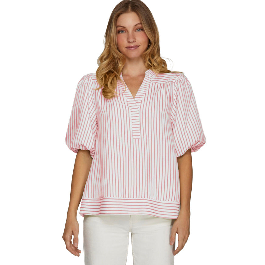 V-neck Panelled Striped Top With Puff Sleeves