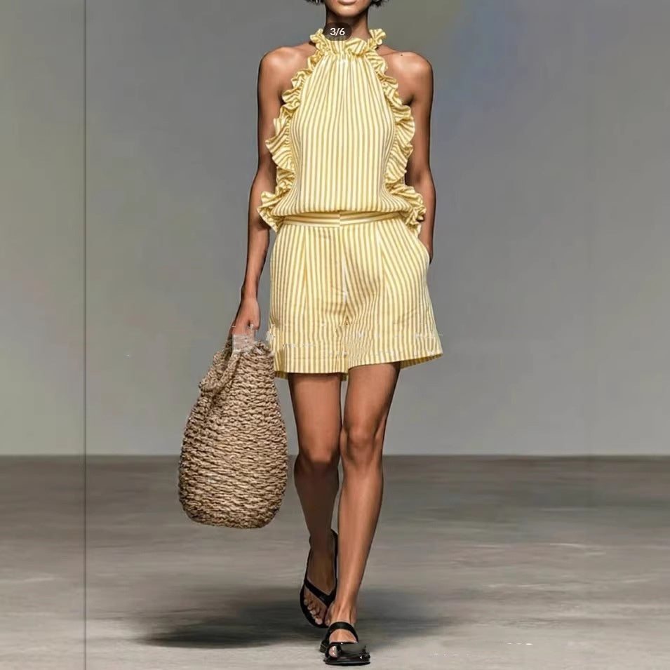 Striped Print Stand Collar Sleeveless Loose Top And Shorts Set