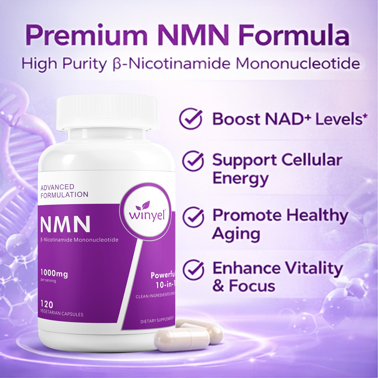 WINYEL Cellular Energy Complex Per Serving, 10-in-1 Formula, Zero Filler, With Vitamin C, Resveratrol, CoQ10, TMG, Quercetin & Glutathione Capsules