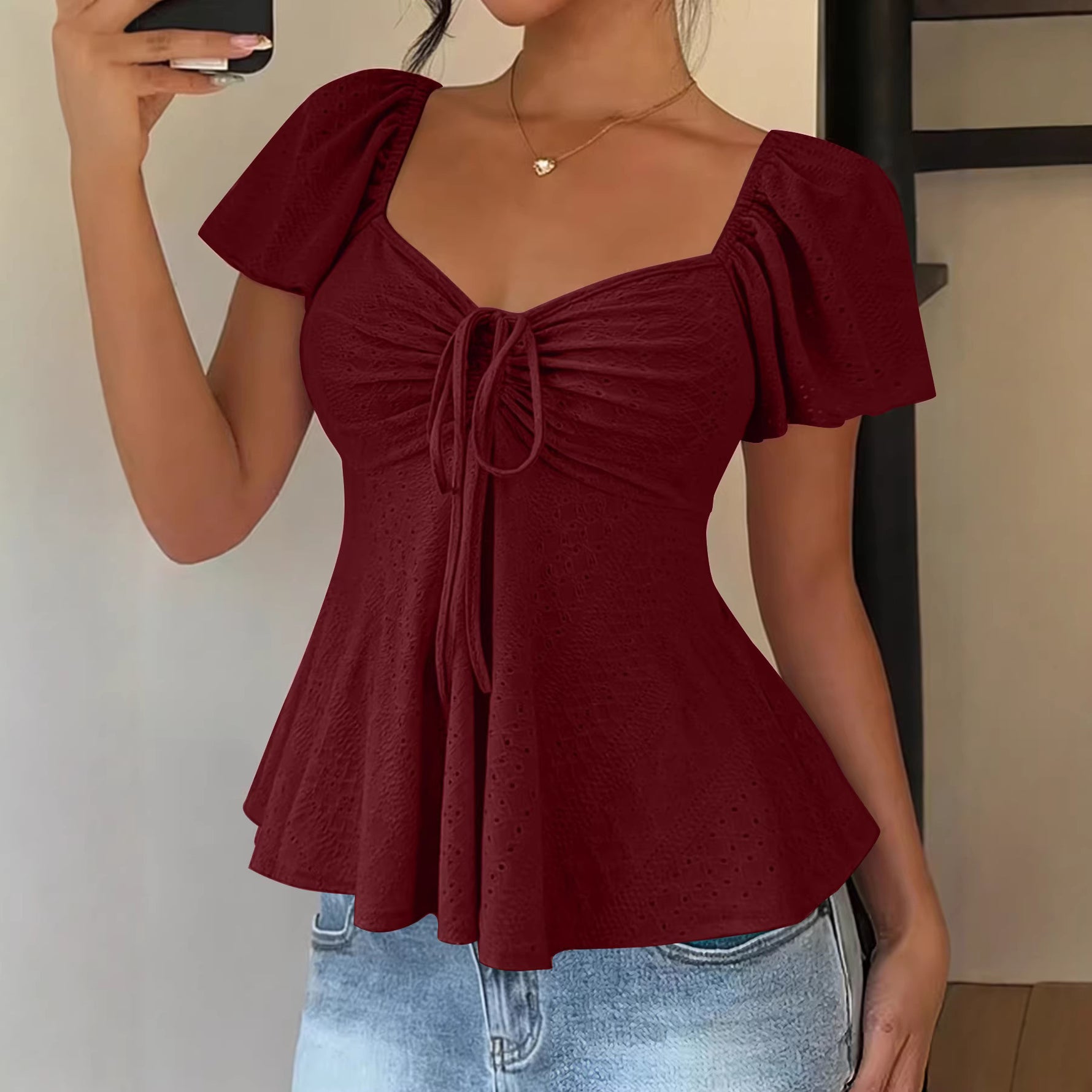 Euramerican V-neck Drawstring Tie-up Top