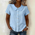 Womens Solid-Colored Short-Sleeve Casual Loose Cotton-Linen Shirt