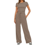 2pcs Solid Color Casual Sports Yoga Suit Short-sleeved Top And High-waisted Drawstring Wide-leg Pants Summer Fashion Set For Womens Clothing
