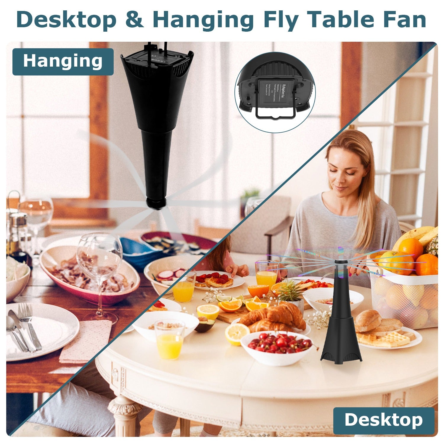 2 Pack Portable Reflective Fly Repellent Fan Rechargeable Battery Powered Table Food Fly Trap With Pattern Soft-Stop Blade Hanging Hook Indoor Outdoor Table